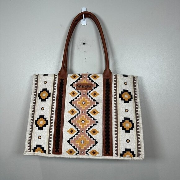 Wrangler Tote Aztec Purse Coffee Brown Southwestern Bag Canvas Whipstitch Brown - Picture 1 of 12